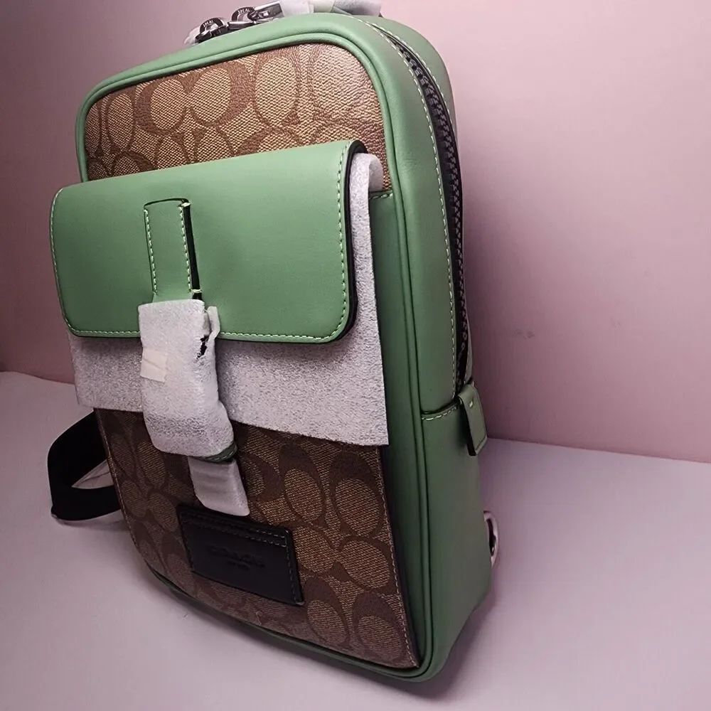 NWT Coach CR268 Track Pack In Colorblock Signature Soft Green Khaki